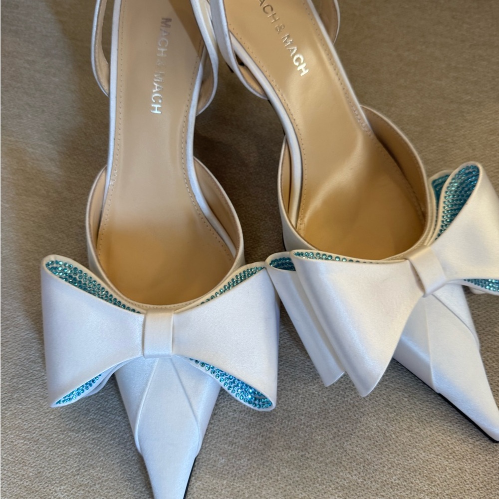 MACH & MACH White Heels with Blue Bow Accents